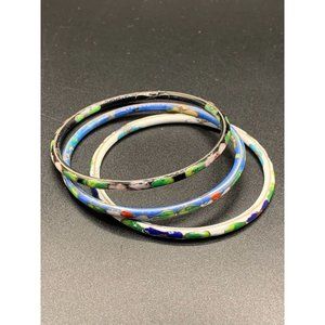 Cloisonne bracelets set of 3 enameled bangles white black and blue